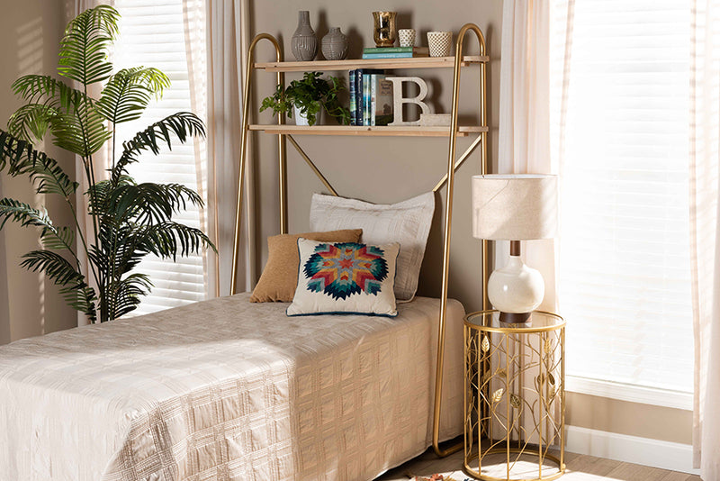 Baxton Studio Merida Glam and Luxe Brushed Gold Finished Metal and Natural Brown Finished Wood 2-Tier Over Bed Twin Size Storage Display Shelf