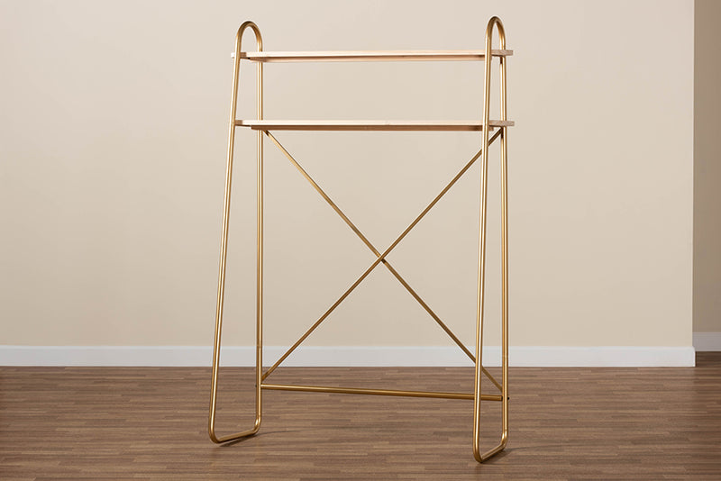 Baxton Studio Merida Glam and Luxe Brushed Gold Finished Metal and Natural Brown Finished Wood 2-Tier Over Bed Twin Size Storage Display Shelf