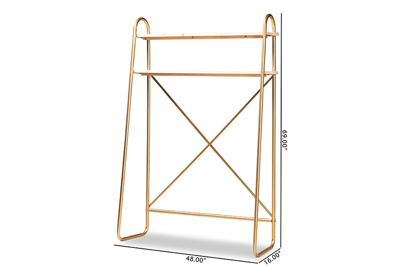 Baxton Studio Merida Glam and Luxe Brushed Gold Finished Metal and Natural Brown Finished Wood 2-Tier Over Bed Twin Size Storage Display Shelf
