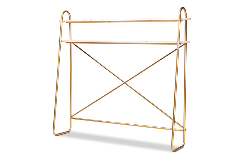 Baxton Studio Merida Glam and Luxe Brushed Gold Finished Metal and Natural Brown Finished Wood 2-Tier Over Bed Queen Size Storage Display Shelf