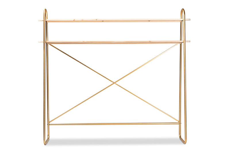 Baxton Studio Merida Glam and Luxe Brushed Gold Finished Metal and Natural Brown Finished Wood 2-Tier Over Bed Queen Size Storage Display Shelf
