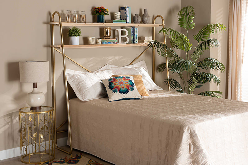 Baxton Studio Merida Glam and Luxe Brushed Gold Finished Metal and Natural Brown Finished Wood 2-Tier Over Bed Queen Size Storage Display Shelf