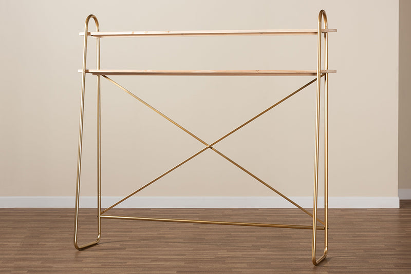 Baxton Studio Merida Glam and Luxe Brushed Gold Finished Metal and Natural Brown Finished Wood 2-Tier Over Bed Queen Size Storage Display Shelf