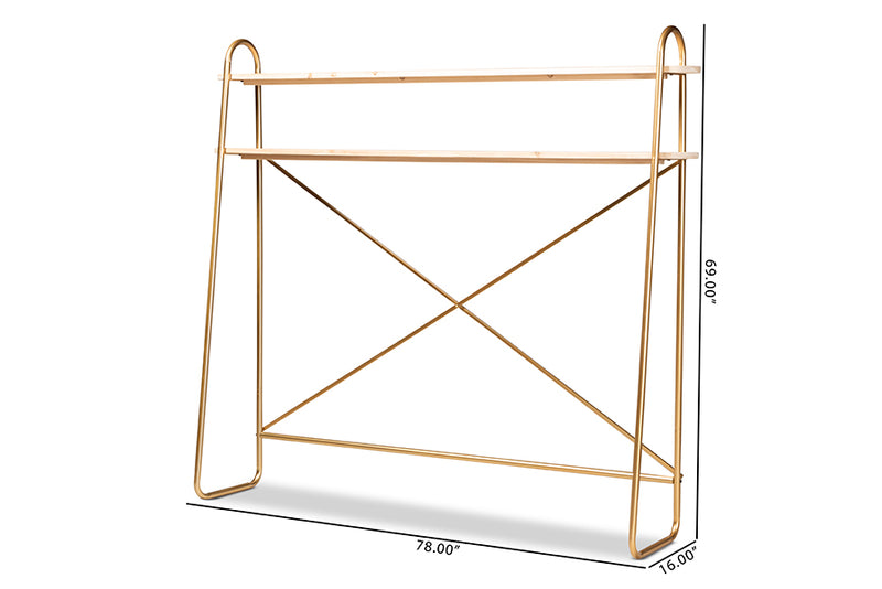 Baxton Studio Merida Glam and Luxe Brushed Gold Finished Metal and Natural Brown Finished Wood 2-Tier Over Bed Queen Size Storage Display Shelf