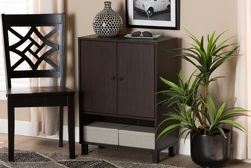 Baxton Studio Rossin Modern and Contemporary Dark Brown Finished Wood 2-Door Entryway Shoe Storage Cabinet with Bottom Shelf