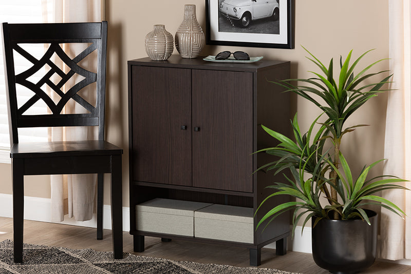 Baxton Studio Rossin Modern and Contemporary Dark Brown Finished Wood 2-Door Entryway Shoe Storage Cabinet with Bottom Shelf