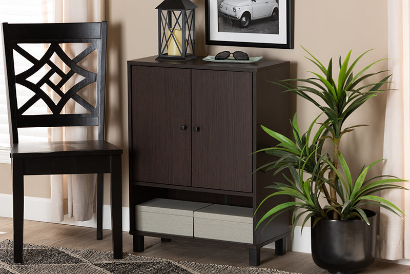 Baxton Studio Rossin Modern and Contemporary Dark Brown Finished Wood 2-Door Entryway Shoe Storage Cabinet with Bottom Shelf