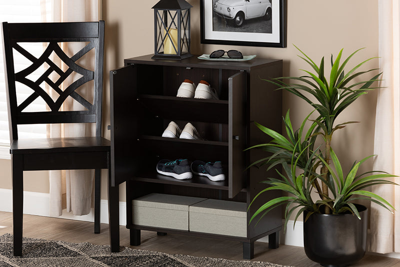 Baxton Studio Rossin Modern and Contemporary Dark Brown Finished Wood 2-Door Entryway Shoe Storage Cabinet with Bottom Shelf