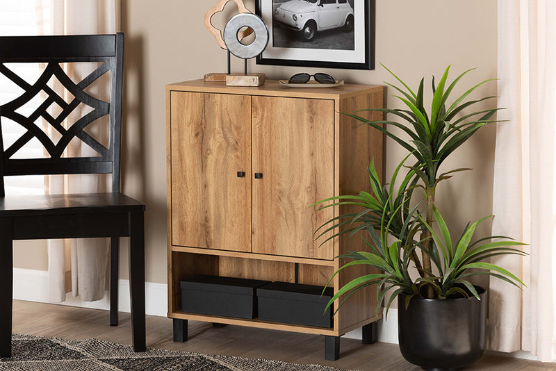 Baxton Studio Rossin Modern and Contemporary Oak Brown Finished Wood 2-Door Entryway Shoe Storage Cabinet with Bottom Shelf