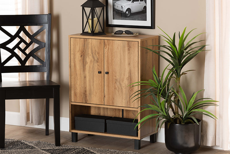 Baxton Studio Rossin Modern and Contemporary Oak Brown Finished Wood 2-Door Entryway Shoe Storage Cabinet with Bottom Shelf