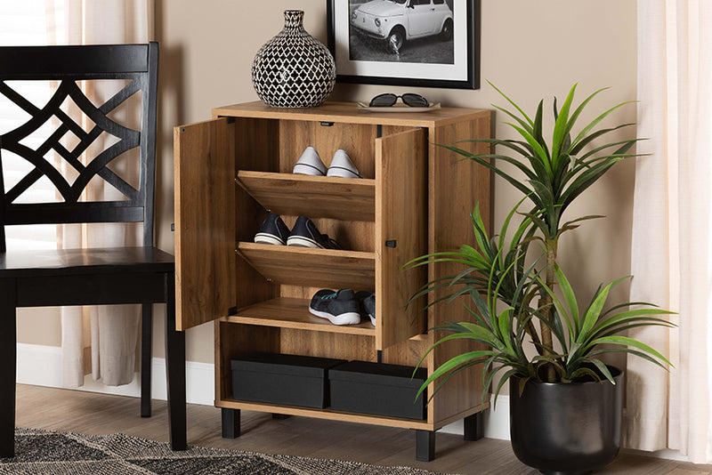 Baxton Studio Rossin Modern and Contemporary Oak Brown Finished Wood 2-Door Entryway Shoe Storage Cabinet with Bottom Shelf