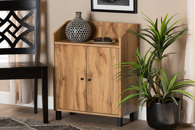 Baxton Studio Rossin Modern and Contemporary Oak Brown Finished Wood 2-Door Entryway Shoe Storage Cabinet with Top Shelf
