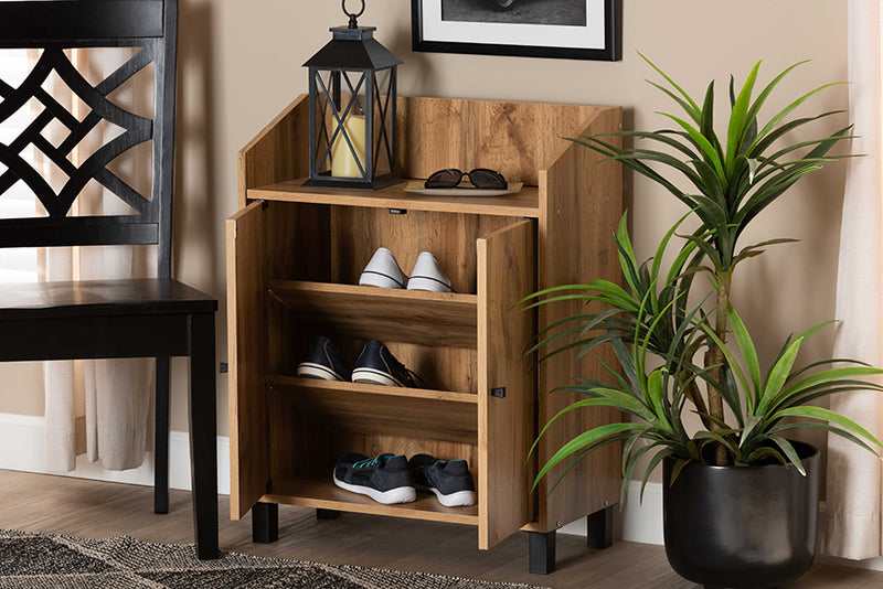 Baxton Studio Rossin Modern and Contemporary Oak Brown Finished Wood 2-Door Entryway Shoe Storage Cabinet with Top Shelf