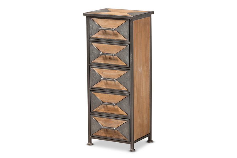 Baxton Studio Laurel Rustic Industrial Antique Grey Finished Metal and Whitewashed Oak Brown Finished Wood 5-Drawer Accent Storage Cabinet