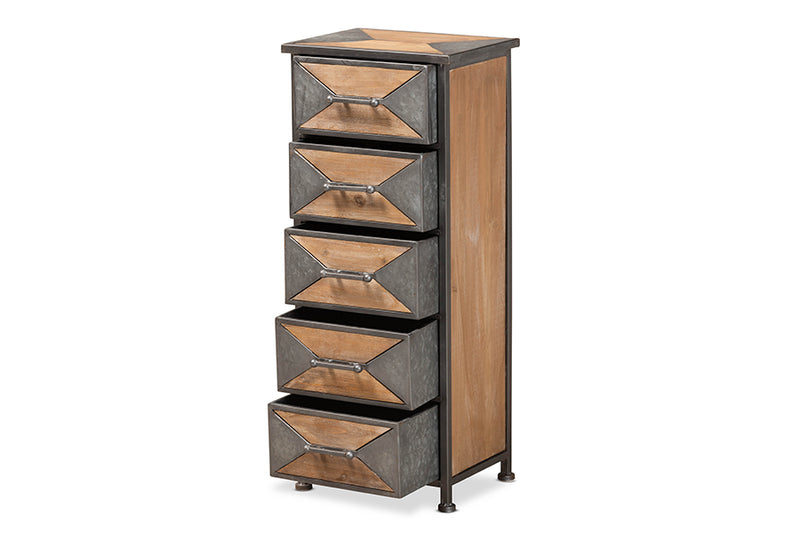 Baxton Studio Laurel Rustic Industrial Antique Grey Finished Metal and Whitewashed Oak Brown Finished Wood 5-Drawer Accent Storage Cabinet