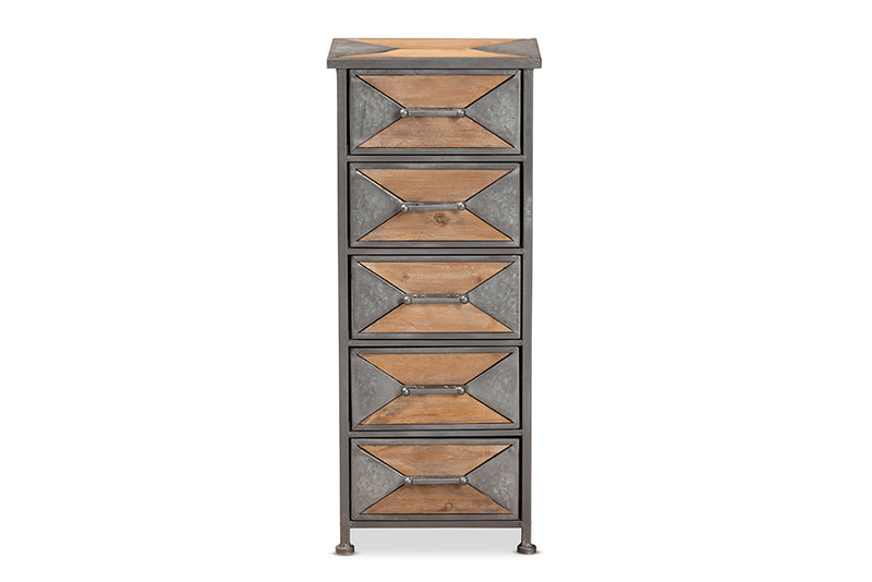 Baxton Studio Laurel Rustic Industrial Antique Grey Finished Metal and Whitewashed Oak Brown Finished Wood 5-Drawer Accent Storage Cabinet