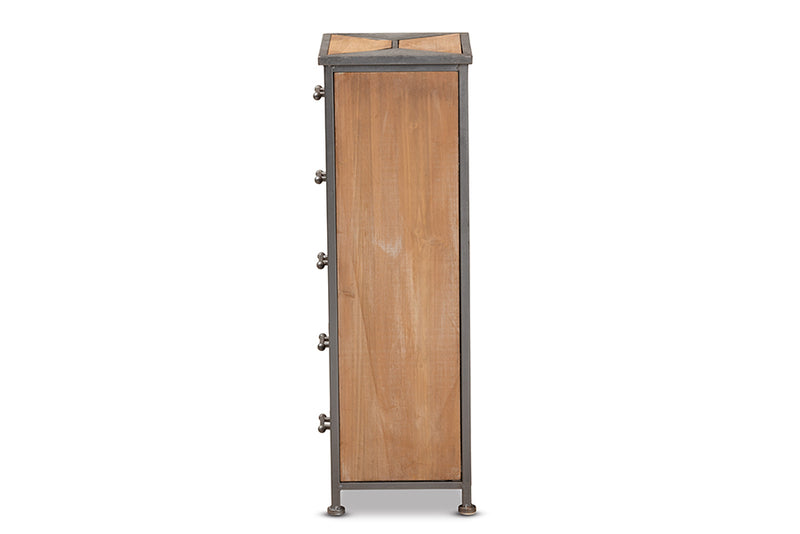 Baxton Studio Laurel Rustic Industrial Antique Grey Finished Metal and Whitewashed Oak Brown Finished Wood 5-Drawer Accent Storage Cabinet