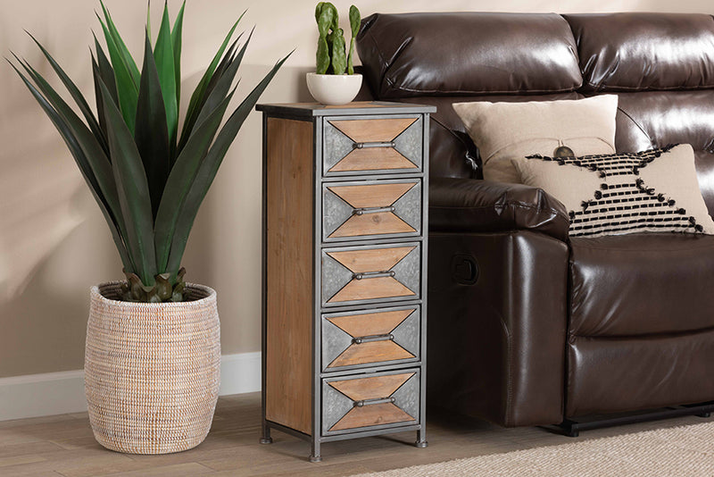Baxton Studio Laurel Rustic Industrial Antique Grey Finished Metal and Whitewashed Oak Brown Finished Wood 5-Drawer Accent Storage Cabinet