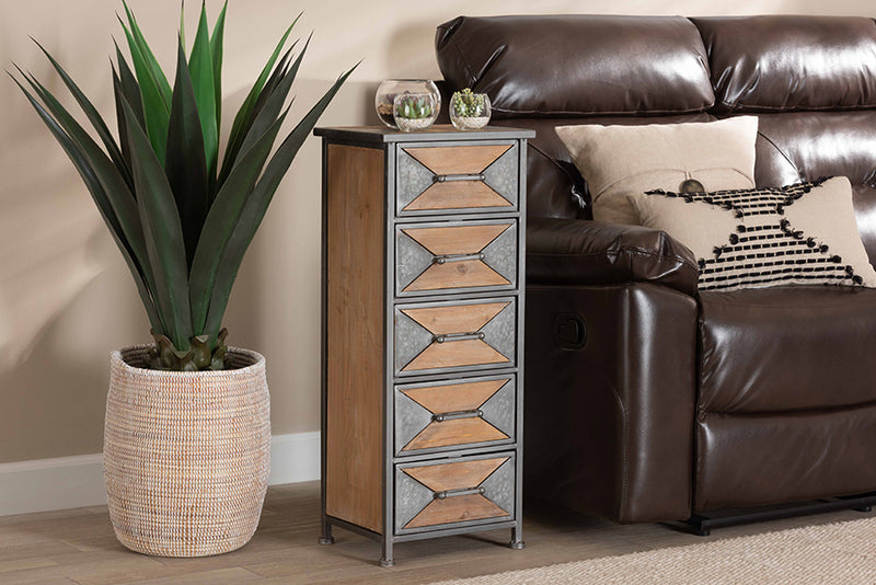 Baxton Studio Laurel Rustic Industrial Antique Grey Finished Metal and Whitewashed Oak Brown Finished Wood 5-Drawer Accent Storage Cabinet