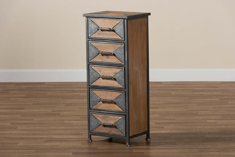 Baxton Studio Laurel Rustic Industrial Antique Grey Finished Metal and Whitewashed Oak Brown Finished Wood 5-Drawer Accent Storage Cabinet