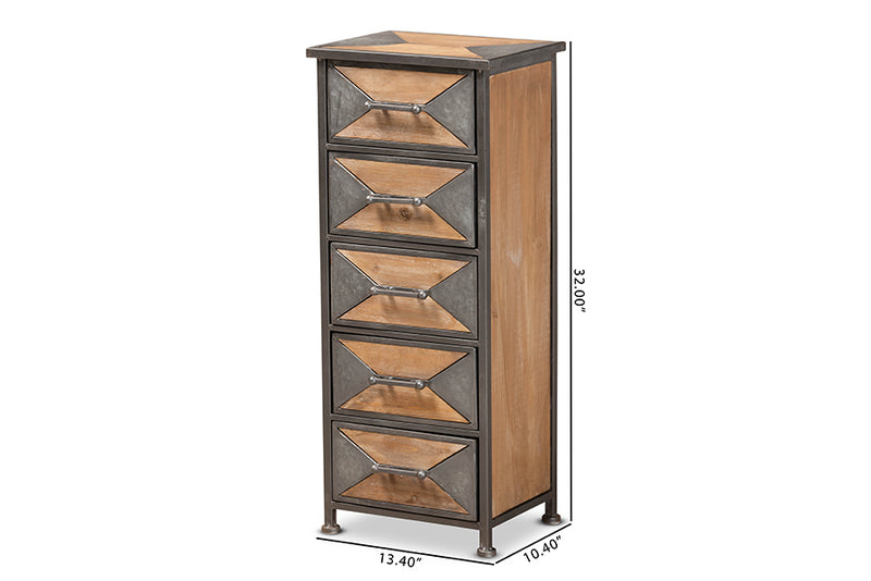 Baxton Studio Laurel Rustic Industrial Antique Grey Finished Metal and Whitewashed Oak Brown Finished Wood 5-Drawer Accent Storage Cabinet