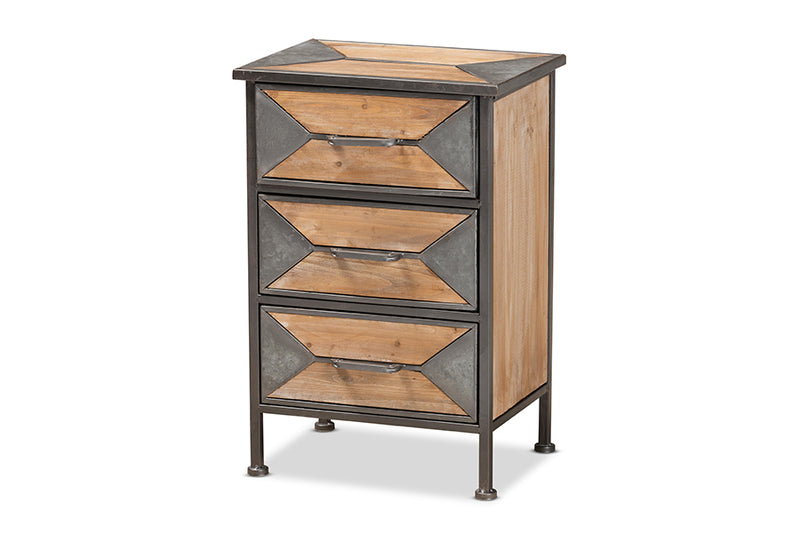 Baxton Studio Laurel Rustic Industrial Antique Grey Finished Metal and Whitewashed Oak Brown Finished Wood 3-Drawer Nightstand