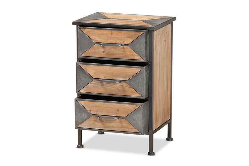Baxton Studio Laurel Rustic Industrial Antique Grey Finished Metal and Whitewashed Oak Brown Finished Wood 3-Drawer Nightstand