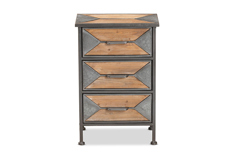 Baxton Studio Laurel Rustic Industrial Antique Grey Finished Metal and Whitewashed Oak Brown Finished Wood 3-Drawer Nightstand