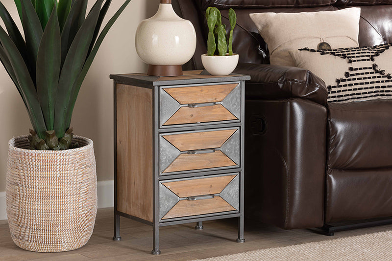 Baxton Studio Laurel Rustic Industrial Antique Grey Finished Metal and Whitewashed Oak Brown Finished Wood 3-Drawer Nightstand