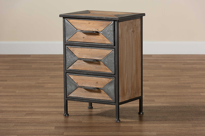Baxton Studio Laurel Rustic Industrial Antique Grey Finished Metal and Whitewashed Oak Brown Finished Wood 3-Drawer Nightstand