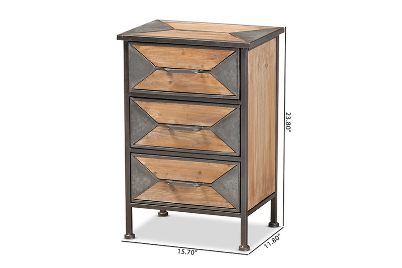 Baxton Studio Laurel Rustic Industrial Antique Grey Finished Metal and Whitewashed Oak Brown Finished Wood 3-Drawer Nightstand