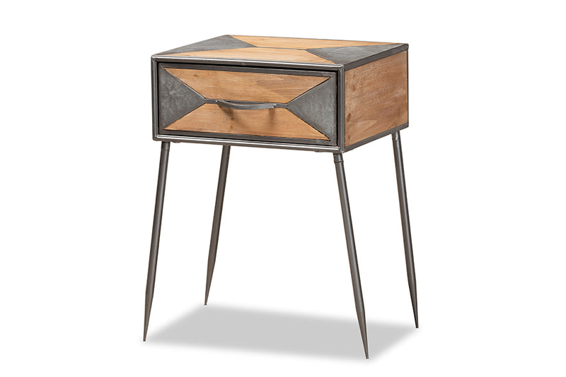 Baxton Studio Laurel Rustic Industrial Antique Grey Finished Metal and Whitewashed Oak Brown Finished Wood 1-Drawer Nightstand