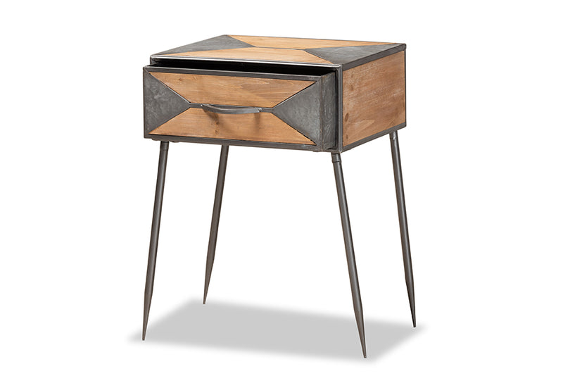 Baxton Studio Laurel Rustic Industrial Antique Grey Finished Metal and Whitewashed Oak Brown Finished Wood 1-Drawer Nightstand
