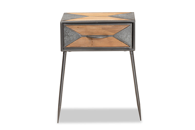 Baxton Studio Laurel Rustic Industrial Antique Grey Finished Metal and Whitewashed Oak Brown Finished Wood 1-Drawer Nightstand