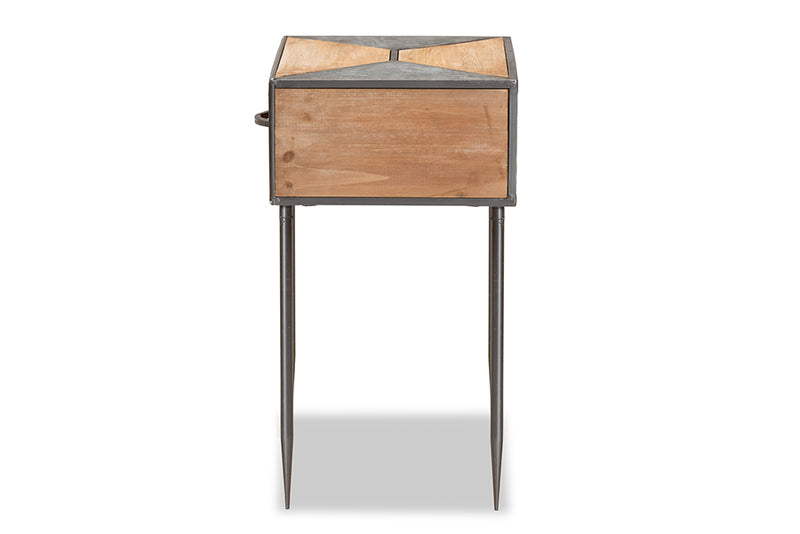 Baxton Studio Laurel Rustic Industrial Antique Grey Finished Metal and Whitewashed Oak Brown Finished Wood 1-Drawer Nightstand