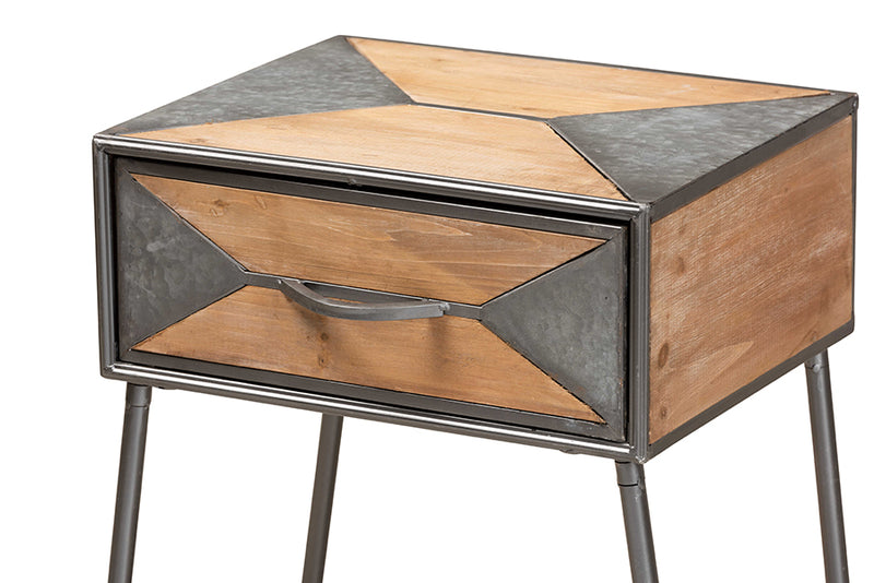 Baxton Studio Laurel Rustic Industrial Antique Grey Finished Metal and Whitewashed Oak Brown Finished Wood 1-Drawer Nightstand