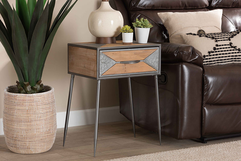 Baxton Studio Laurel Rustic Industrial Antique Grey Finished Metal and Whitewashed Oak Brown Finished Wood 1-Drawer Nightstand