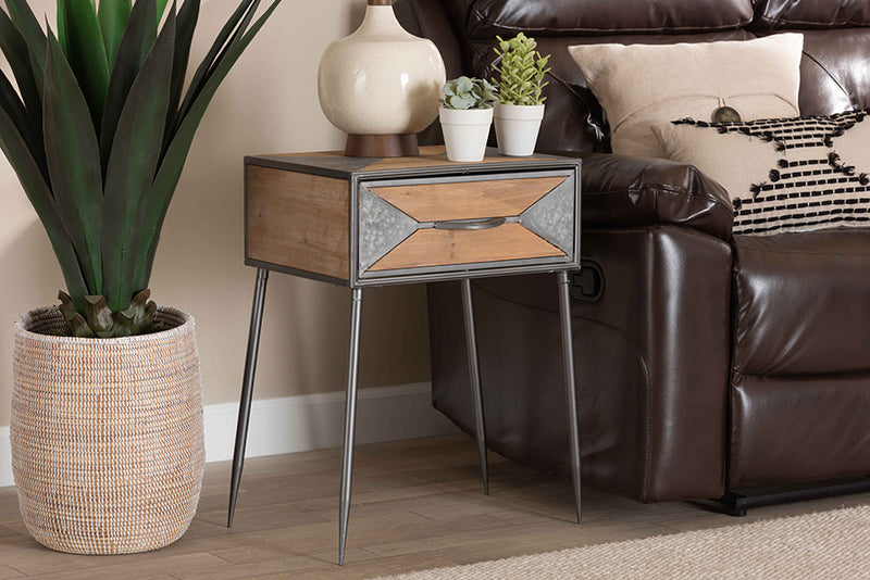 Baxton Studio Laurel Rustic Industrial Antique Grey Finished Metal and Whitewashed Oak Brown Finished Wood 1-Drawer Nightstand
