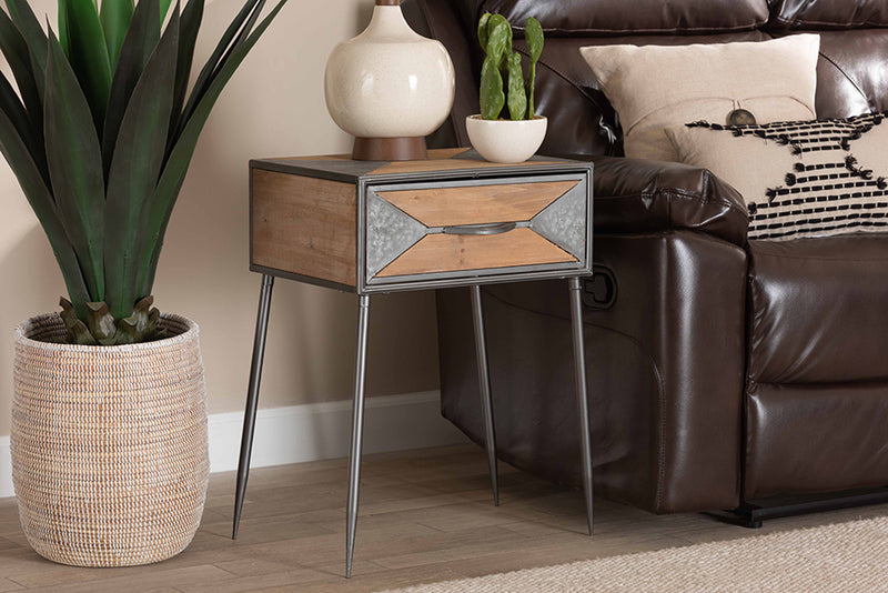 Baxton Studio Laurel Rustic Industrial Antique Grey Finished Metal and Whitewashed Oak Brown Finished Wood 1-Drawer Nightstand