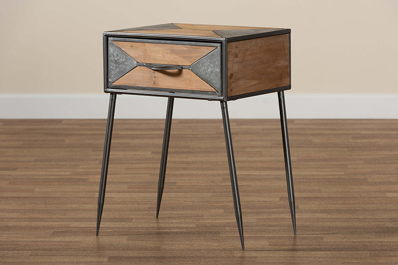 Baxton Studio Laurel Rustic Industrial Antique Grey Finished Metal and Whitewashed Oak Brown Finished Wood 1-Drawer Nightstand