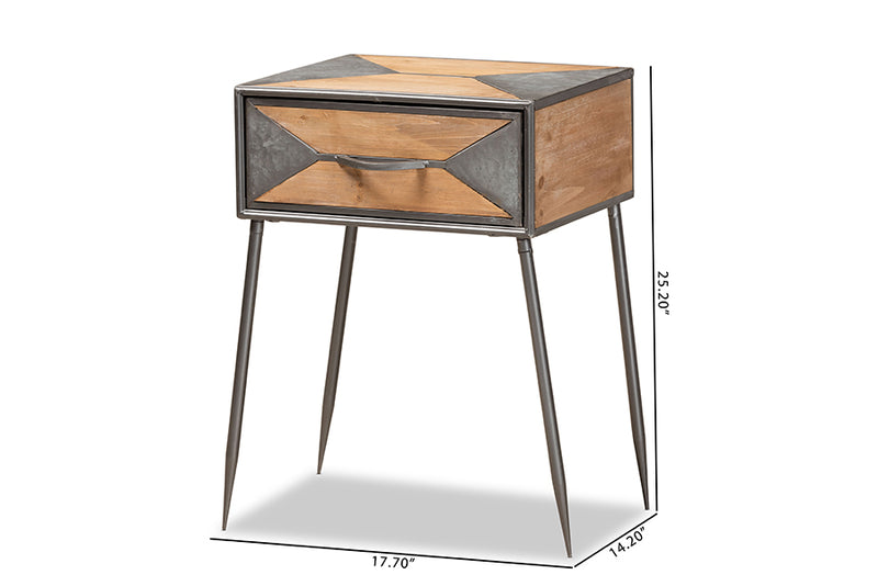 Baxton Studio Laurel Rustic Industrial Antique Grey Finished Metal and Whitewashed Oak Brown Finished Wood 1-Drawer Nightstand