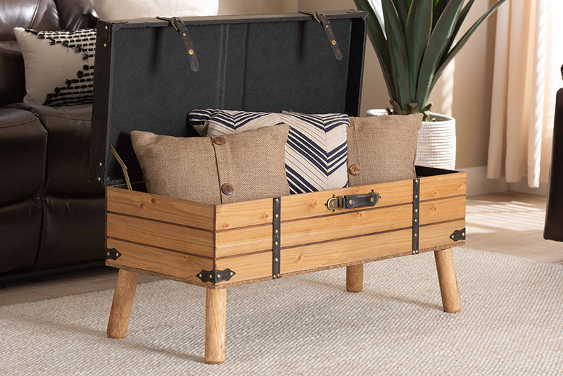 Baxton Studio Amena Rustic Transitional Dark Brown PU Leather Upholstered and Oak Finished Wood Large Storage Ottoman