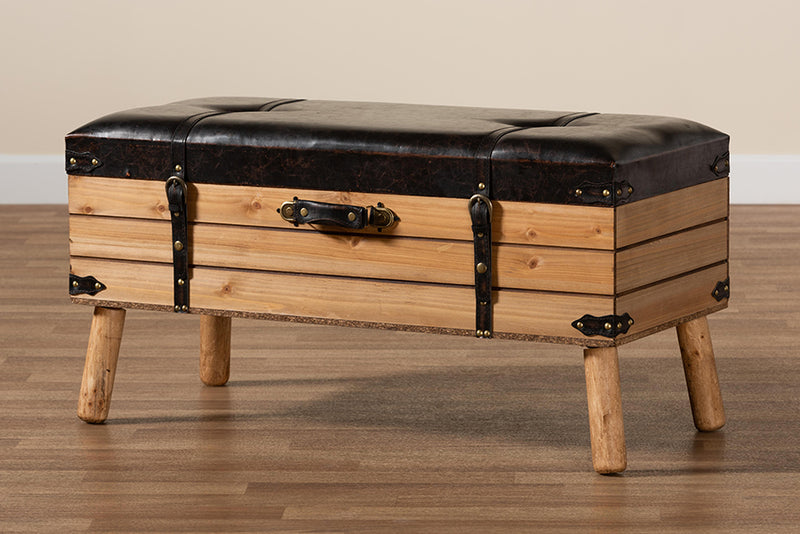 Baxton Studio Amena Rustic Transitional Dark Brown PU Leather Upholstered and Oak Finished Wood Large Storage Ottoman
