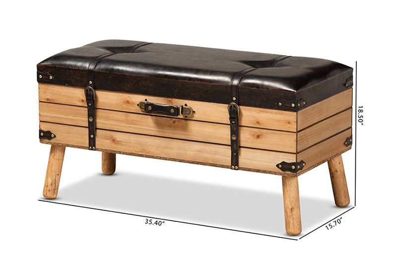 Baxton Studio Amena Rustic Transitional Dark Brown PU Leather Upholstered and Oak Finished Wood Large Storage Ottoman