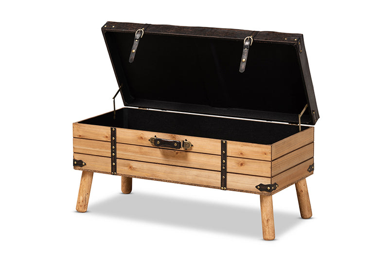 Baxton Studio Amena Rustic Transitional Dark Brown PU Leather Upholstered and Oak Finished Wood Large Storage Ottoman