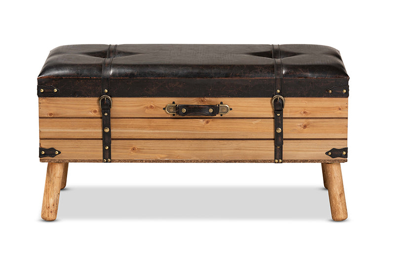 Baxton Studio Amena Rustic Transitional Dark Brown PU Leather Upholstered and Oak Finished Wood Large Storage Ottoman