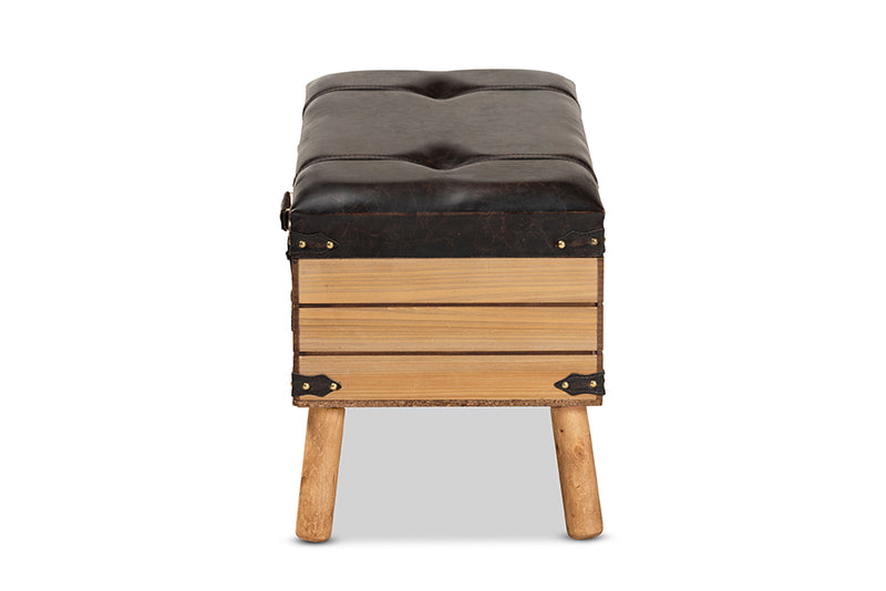 Baxton Studio Amena Rustic Transitional Dark Brown PU Leather Upholstered and Oak Finished Wood Large Storage Ottoman