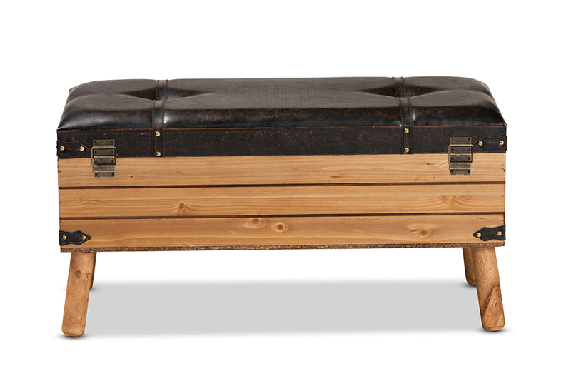 Baxton Studio Amena Rustic Transitional Dark Brown PU Leather Upholstered and Oak Finished Wood Large Storage Ottoman
