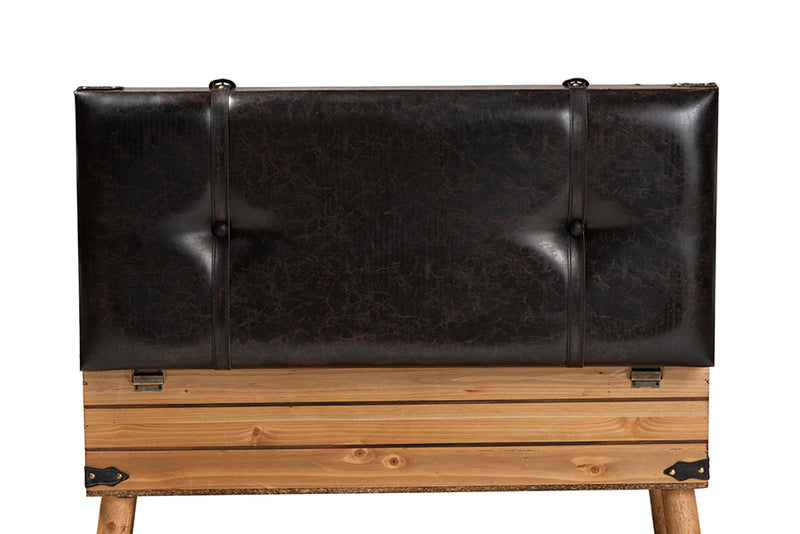 Baxton Studio Amena Rustic Transitional Dark Brown PU Leather Upholstered and Oak Finished Wood Large Storage Ottoman