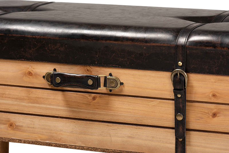 Baxton Studio Amena Rustic Transitional Dark Brown PU Leather Upholstered and Oak Finished Wood Large Storage Ottoman